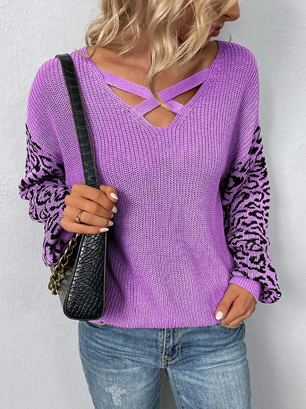 Airchics pull unicolore léopard v-cou manches longues femme mode