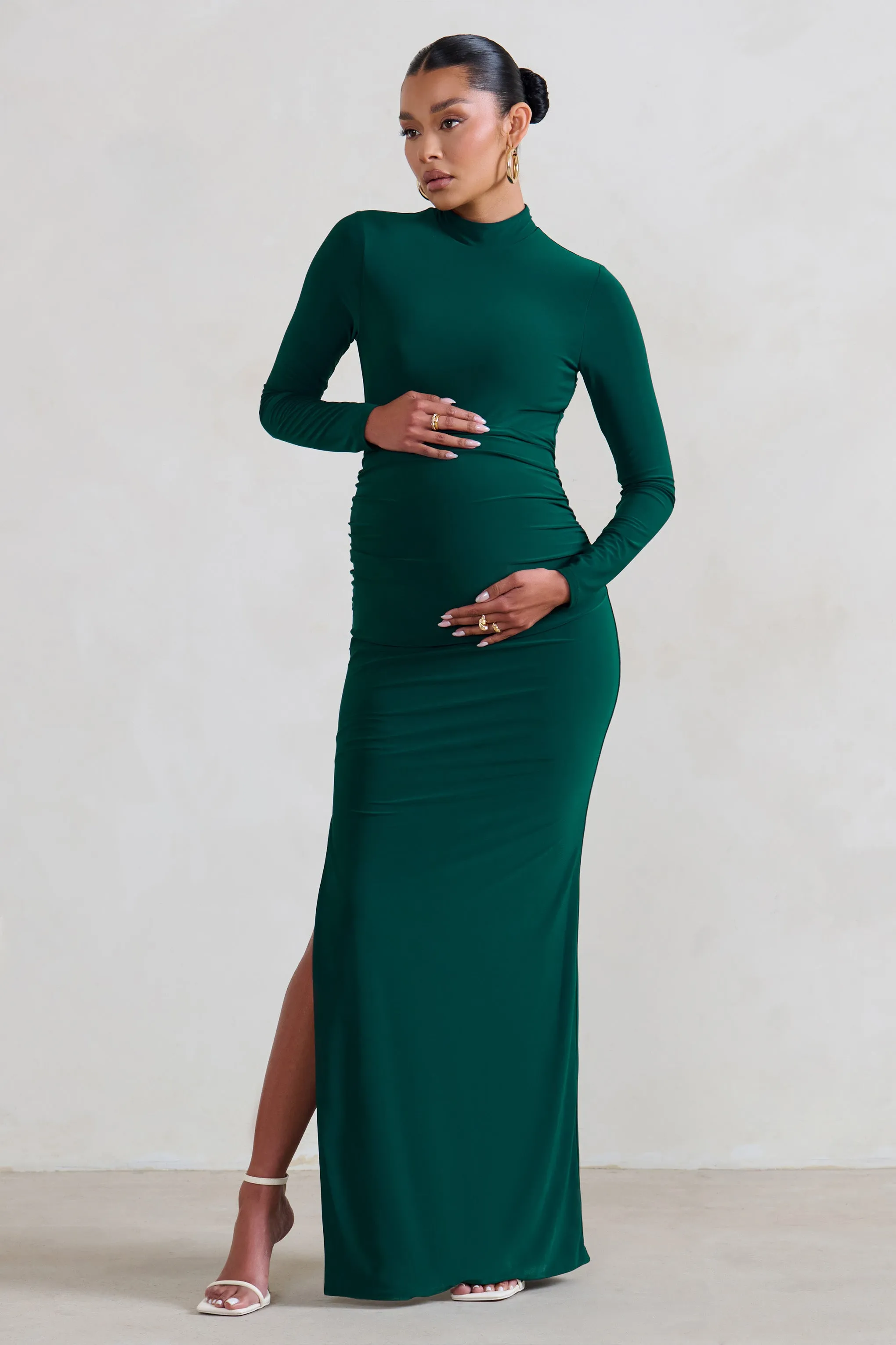 Alejandra | Robe longue de maternité verte à manches longues et col haut