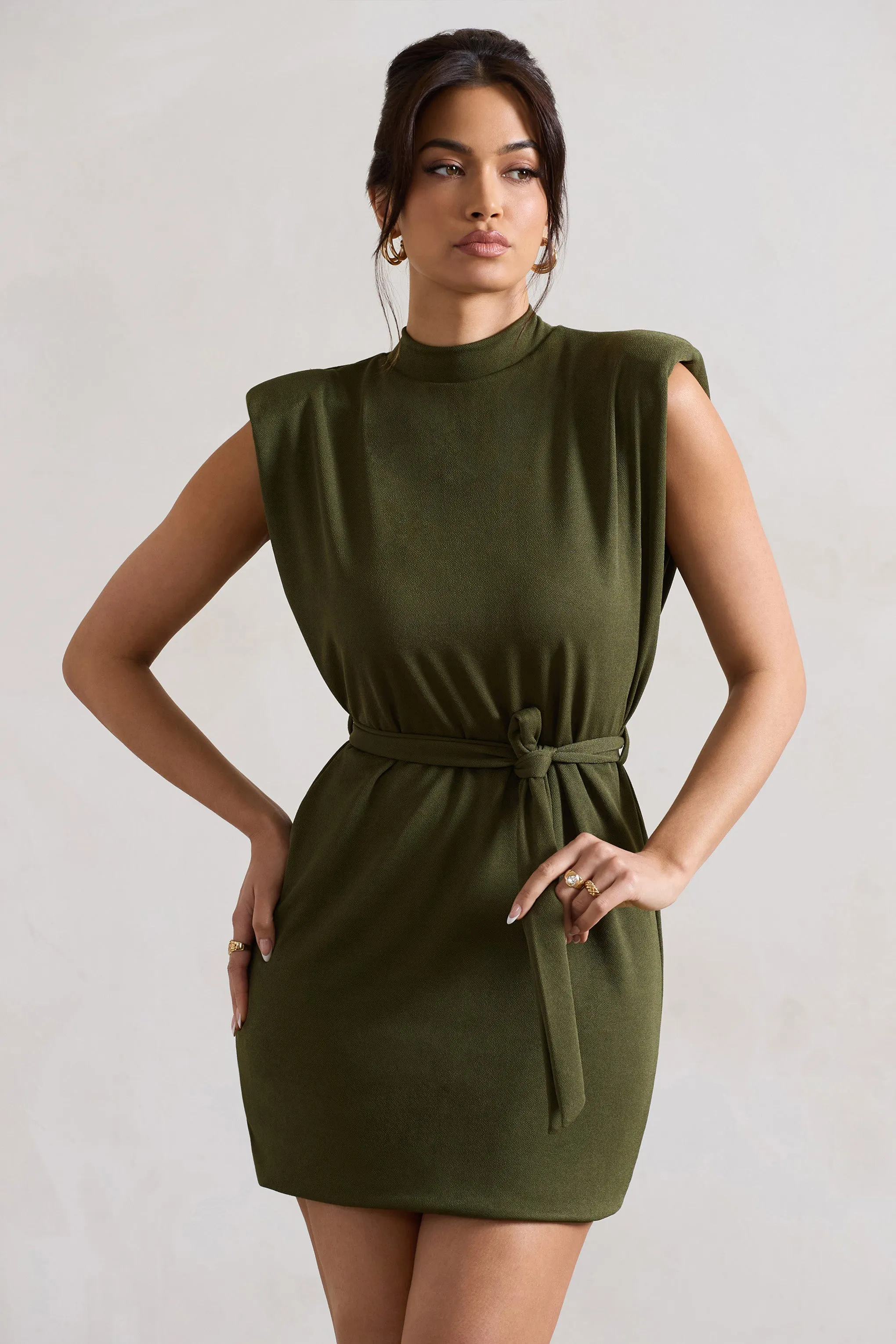 Asher | Mini-robe vert olive à encolure haute et ceinture