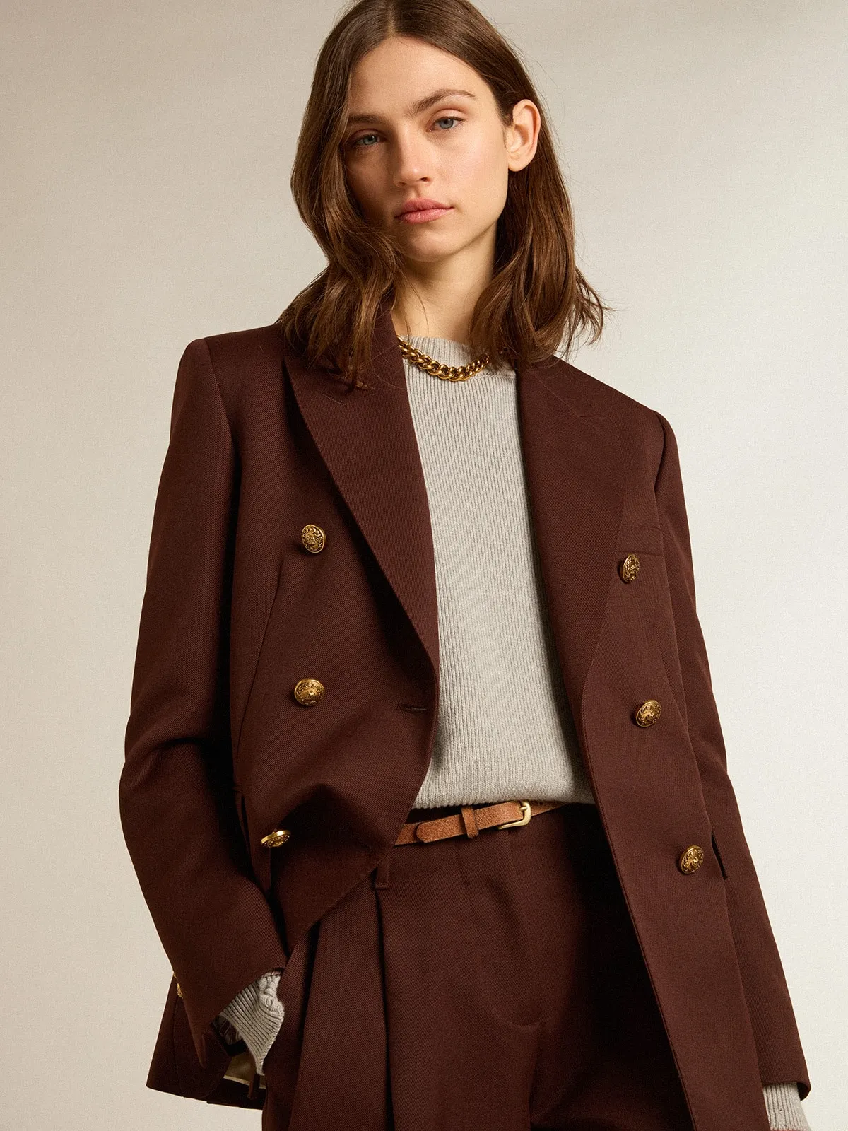 Blazer croisé femme en gabardine de laine couleur café | Golden Goose