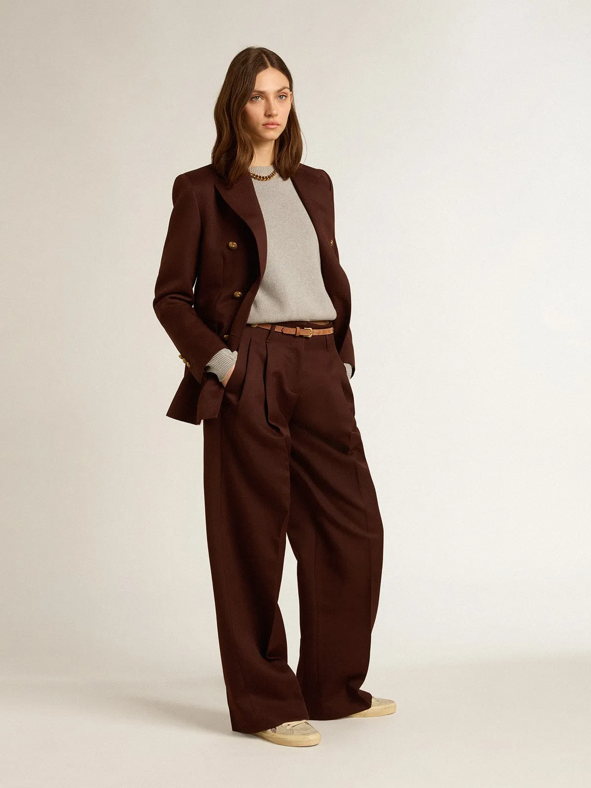 Blazer croisé femme en gabardine de laine couleur café | Golden Goose
