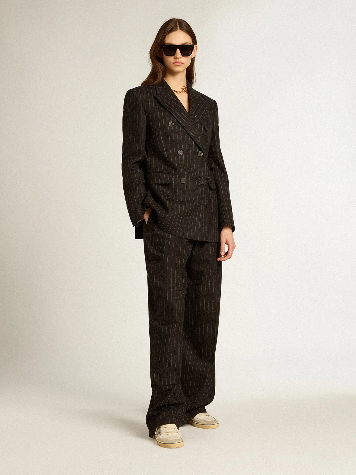 Blazer croisé femme en laine gris chiné | Golden Goose