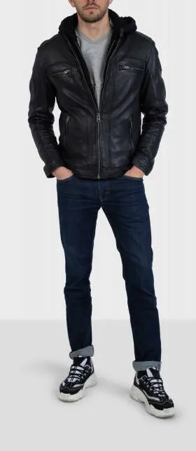 Blouson cuir capuche homme noir