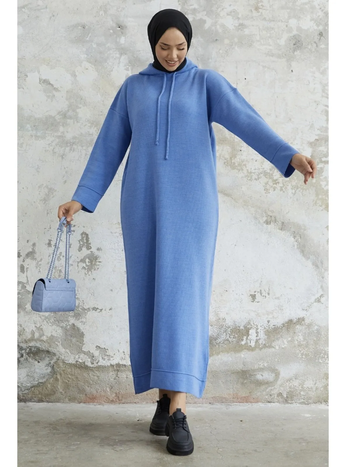 Blue - Hooded collar - Knit Dresses