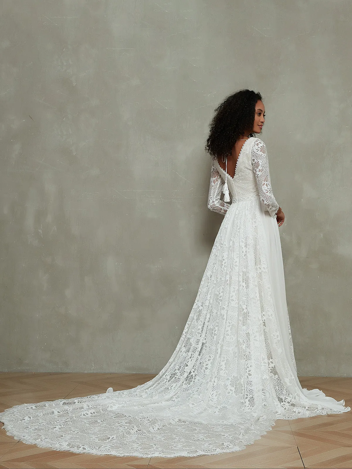 Bohème Robes de Mariée en Mousseline & Dentelle à Manches Longues As Picture