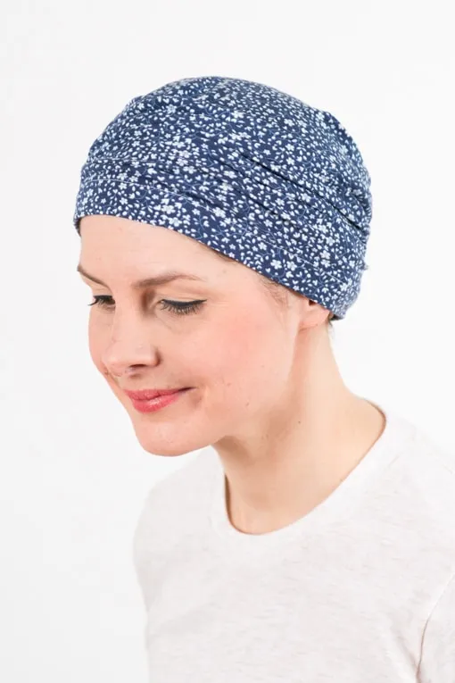 Bonnet à plis pour chimiothérapie doux et confortable - Liberty bleu