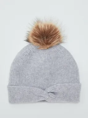Bonnet à pompon avec revers torsadé - Gris