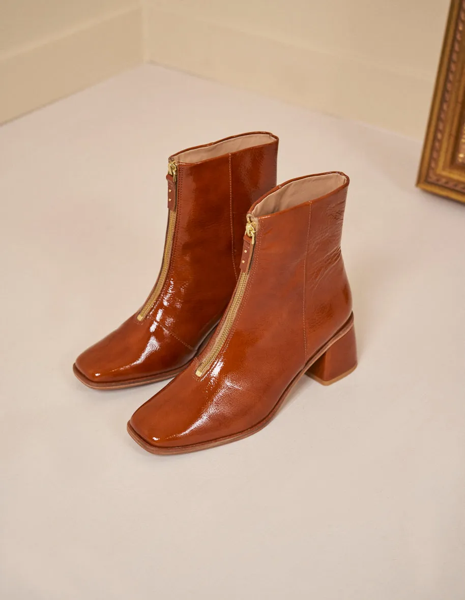 Bottines à talons Georgette - Cuir plissé verni cognac