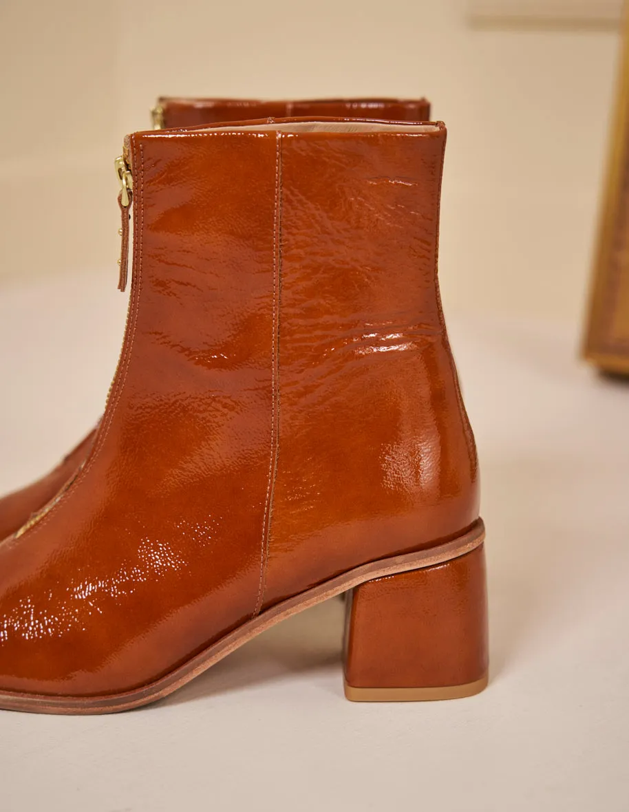 Bottines à talons Georgette - Cuir plissé verni cognac