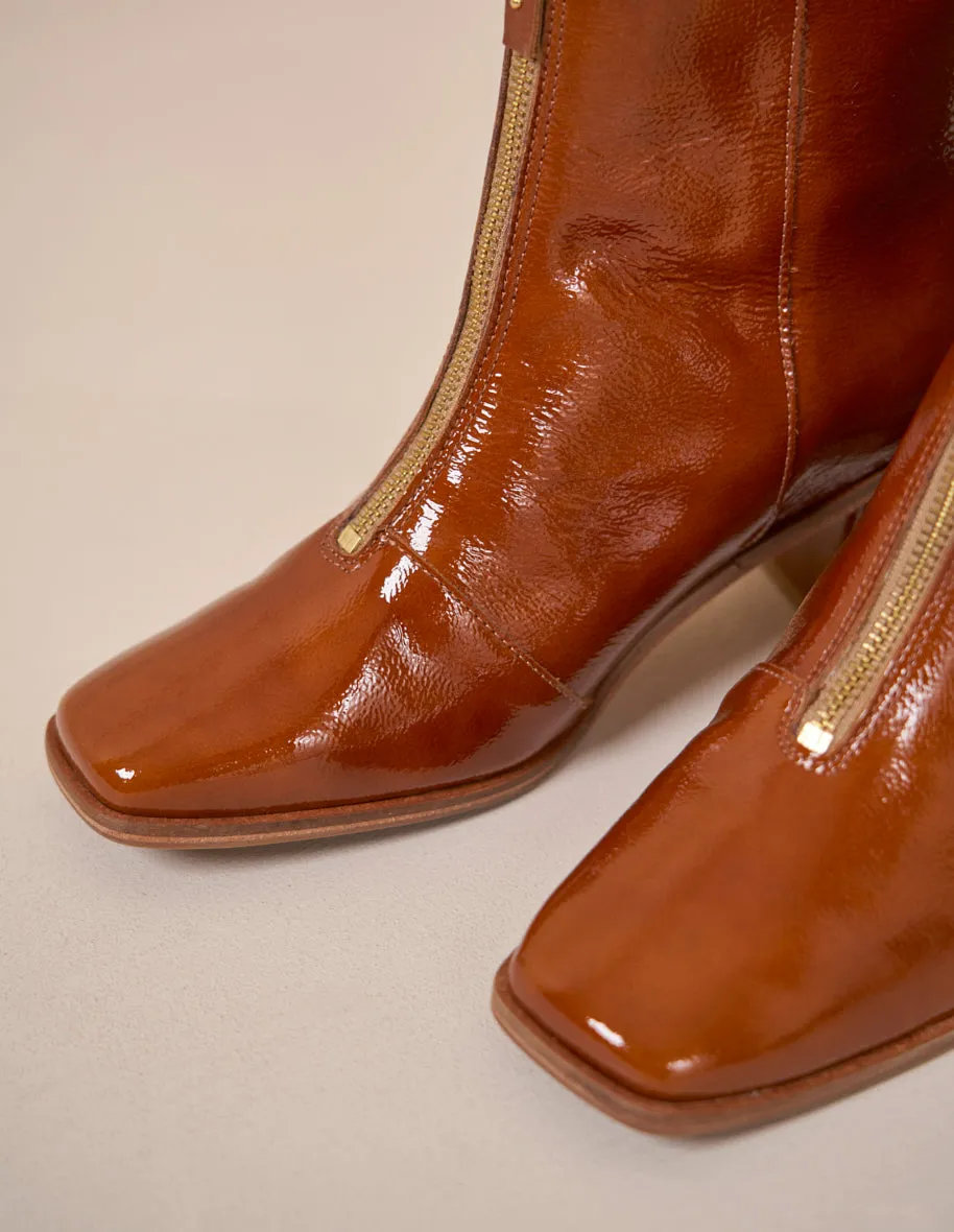 Bottines à talons Georgette - Cuir plissé verni cognac
