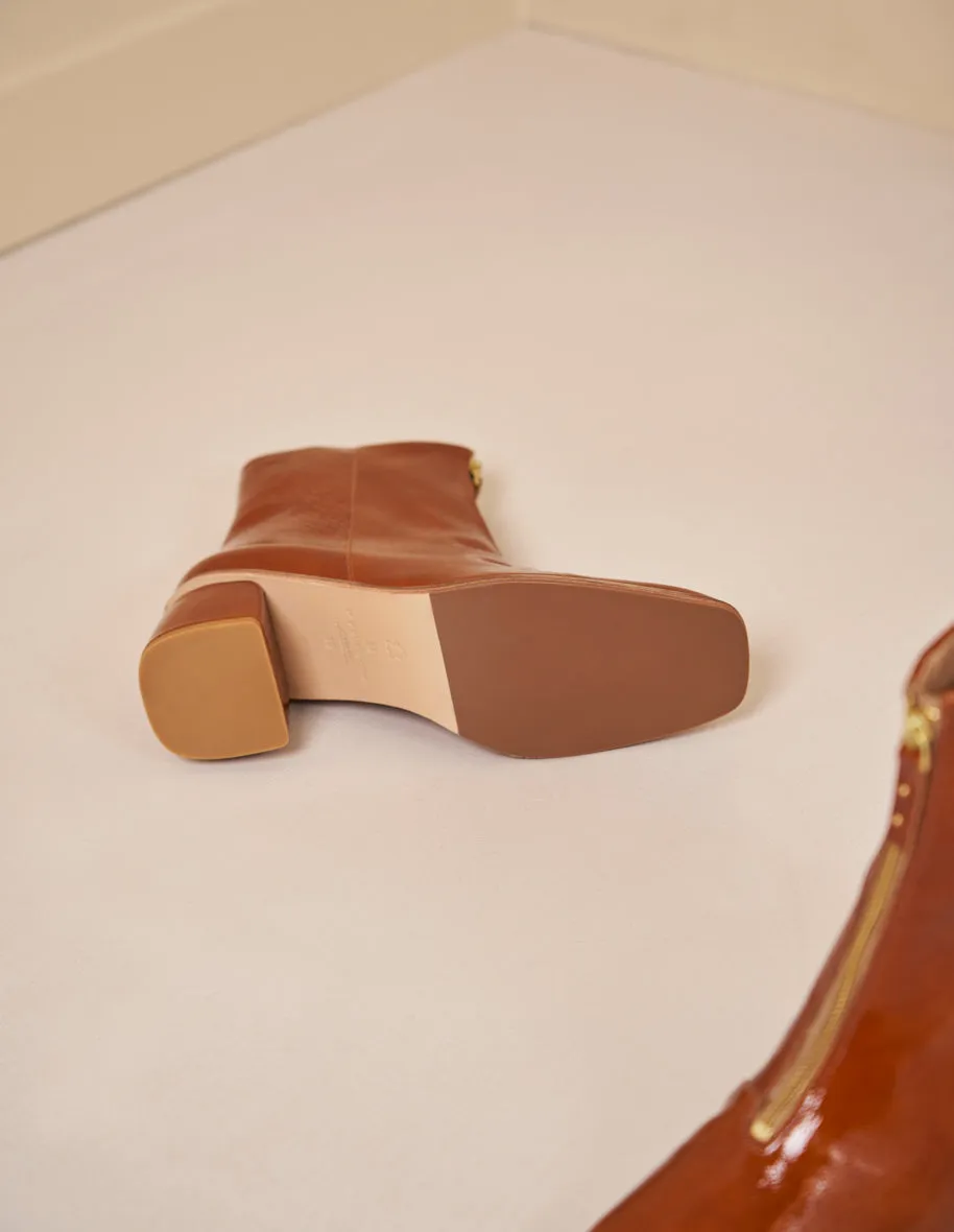 Bottines à talons Georgette - Cuir plissé verni cognac