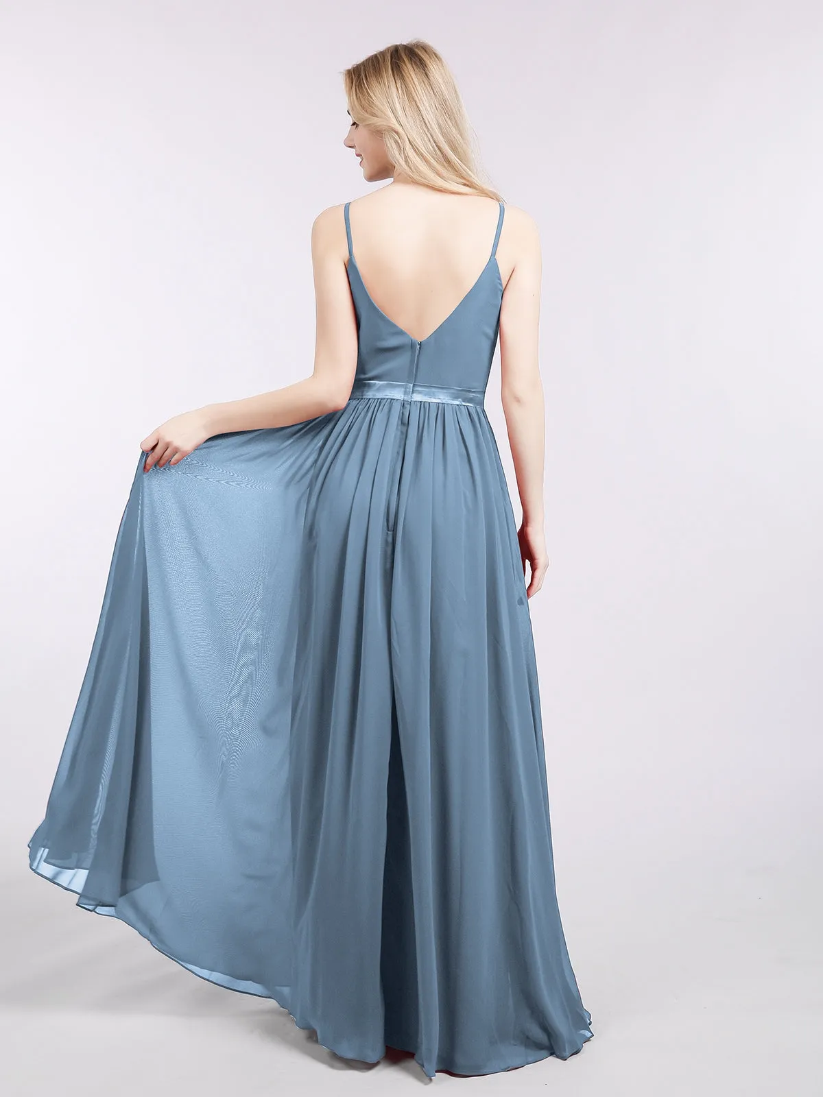 Bretelle Spaghetti Mousseline Robe de Demoiselle d'Honneur Bleu de Schiste Grande Taille