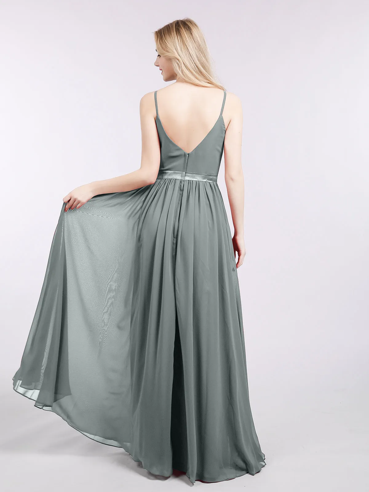Bretelle Spaghetti Mousseline Robe de Demoiselle d'Honneur Gris Acier Grande Taille