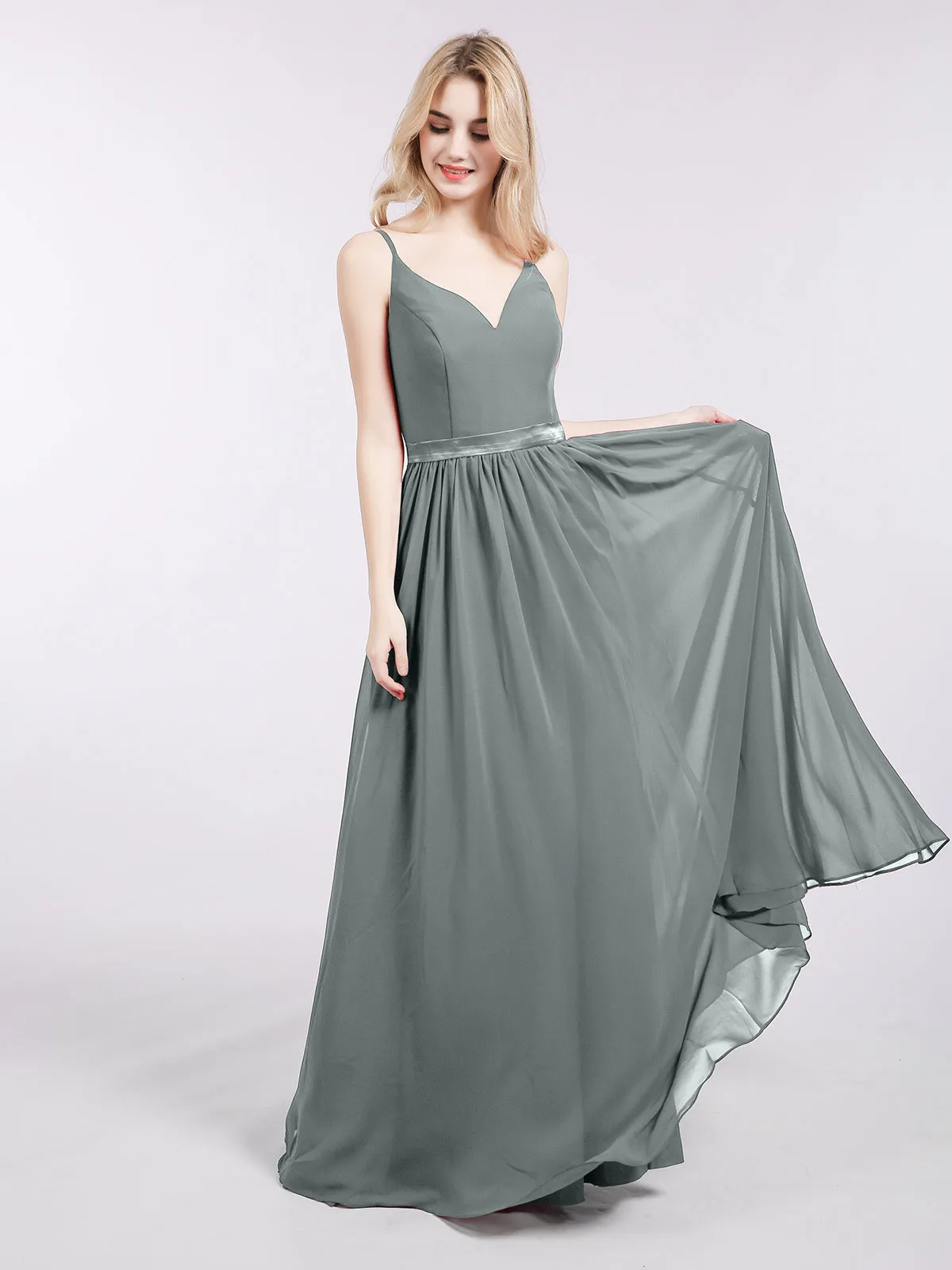 Bretelle Spaghetti Mousseline Robe de Demoiselle d'Honneur Gris Acier
