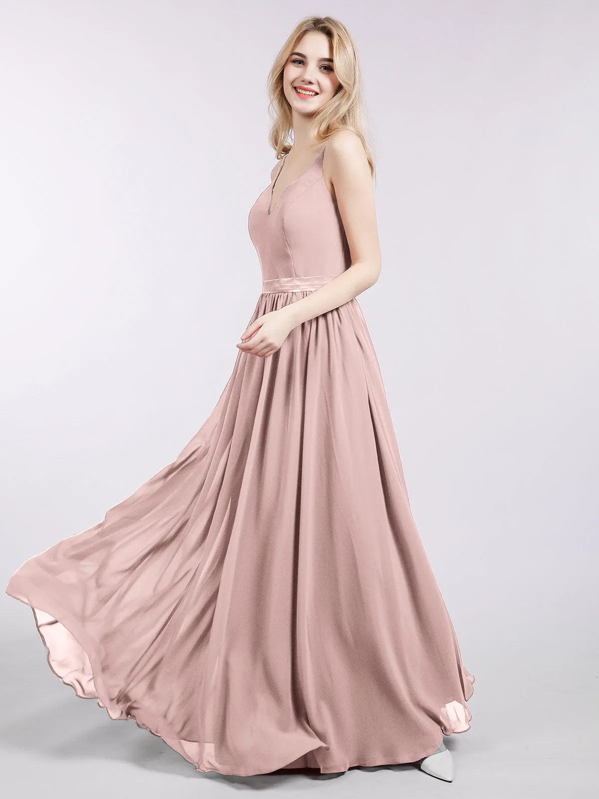 Bretelle Spaghetti Mousseline Robe de Demoiselle d'Honneur Rose Poudré Grande Taille