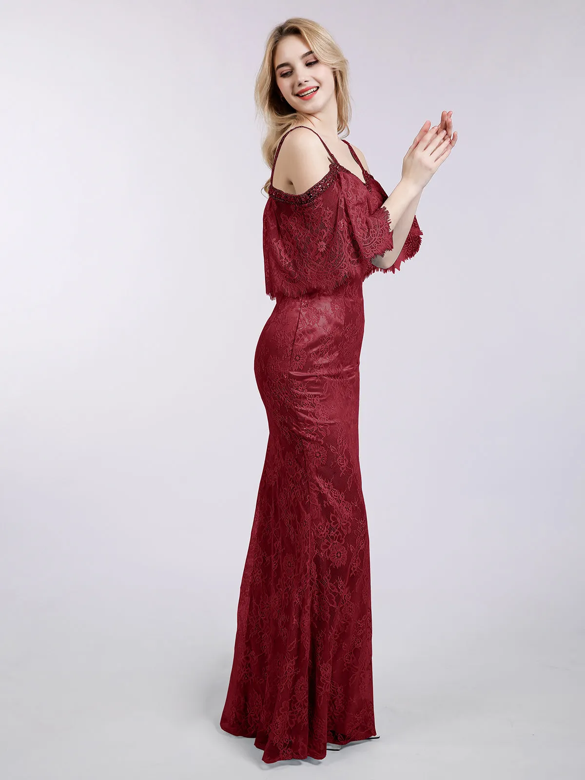 Bretelle Spaghetti Sirène Dentelle Robe Bordeaux