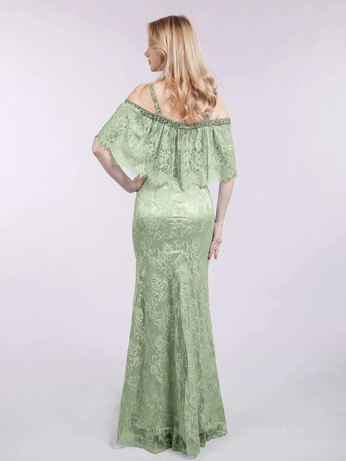 Bretelle Spaghetti Sirène Dentelle Robe Sauge Poudrée Grande Taille