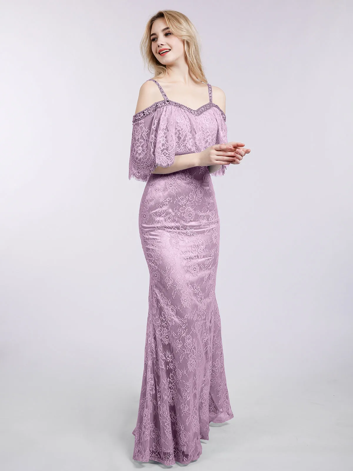 Bretelle Spaghetti Sirène Dentelle Robe Vintage Mauve Grande Taille