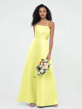 Bretelles Spaghetti Corsage Plissé Robes en Satin Jonquille Grande Taille