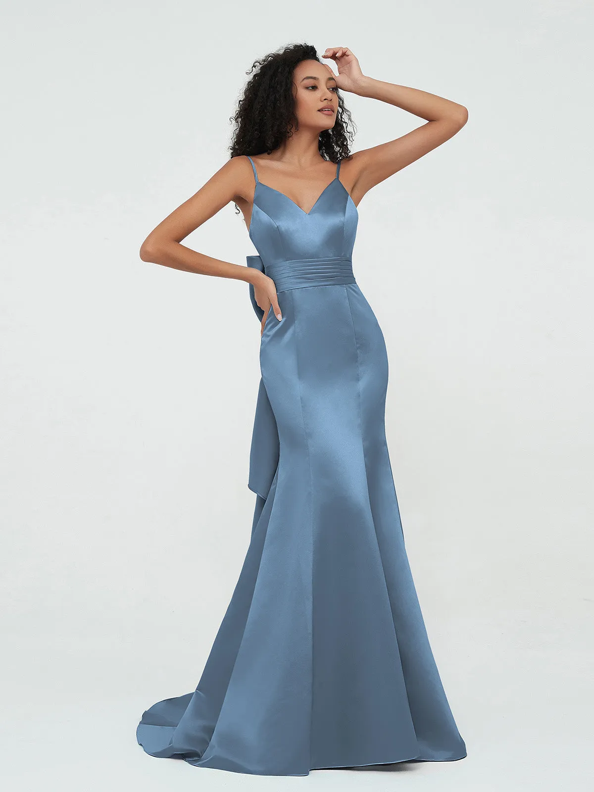 Bretelles Spaghetti Robes de Sirène en Satin Bleu de Schiste