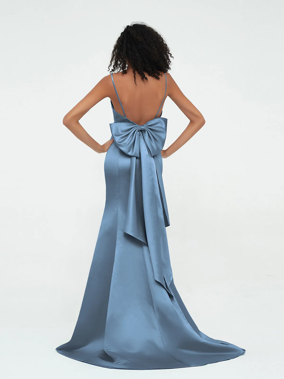 Bretelles Spaghetti Robes de Sirène en Satin Bleu de Schiste