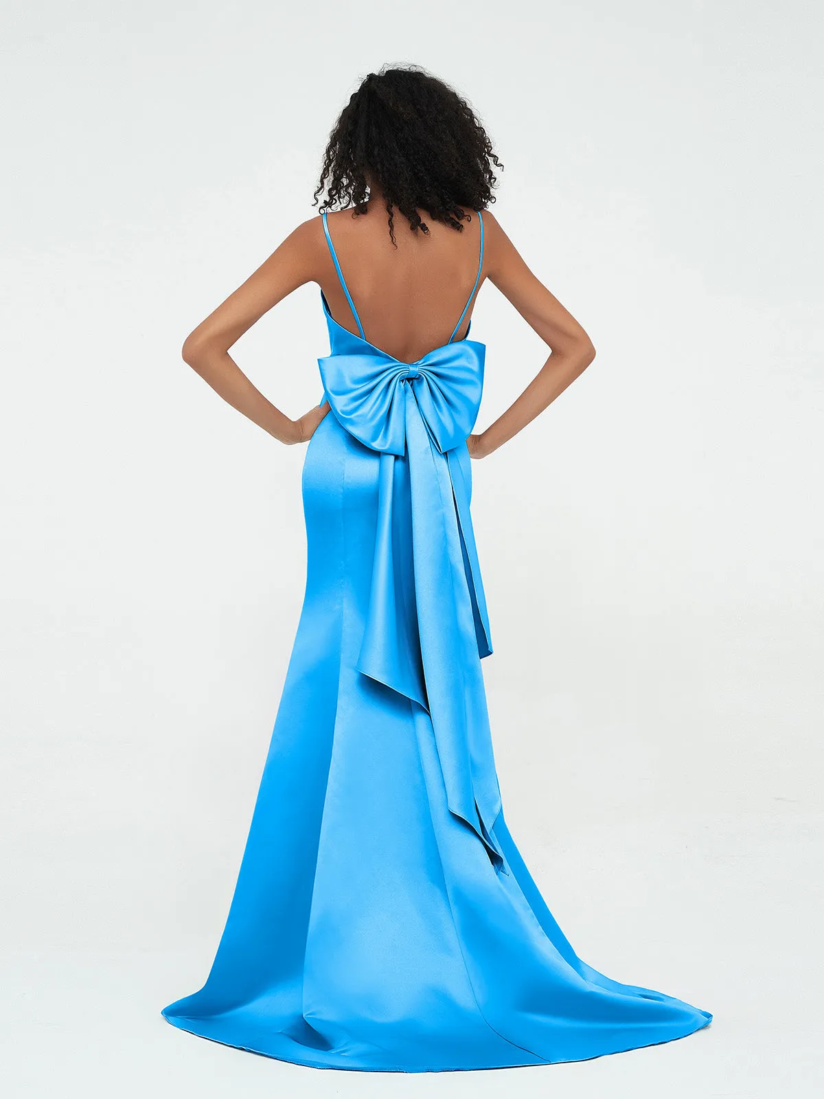 Bretelles Spaghetti Robes de Sirène en Satin Bleu Océan Grande Taille