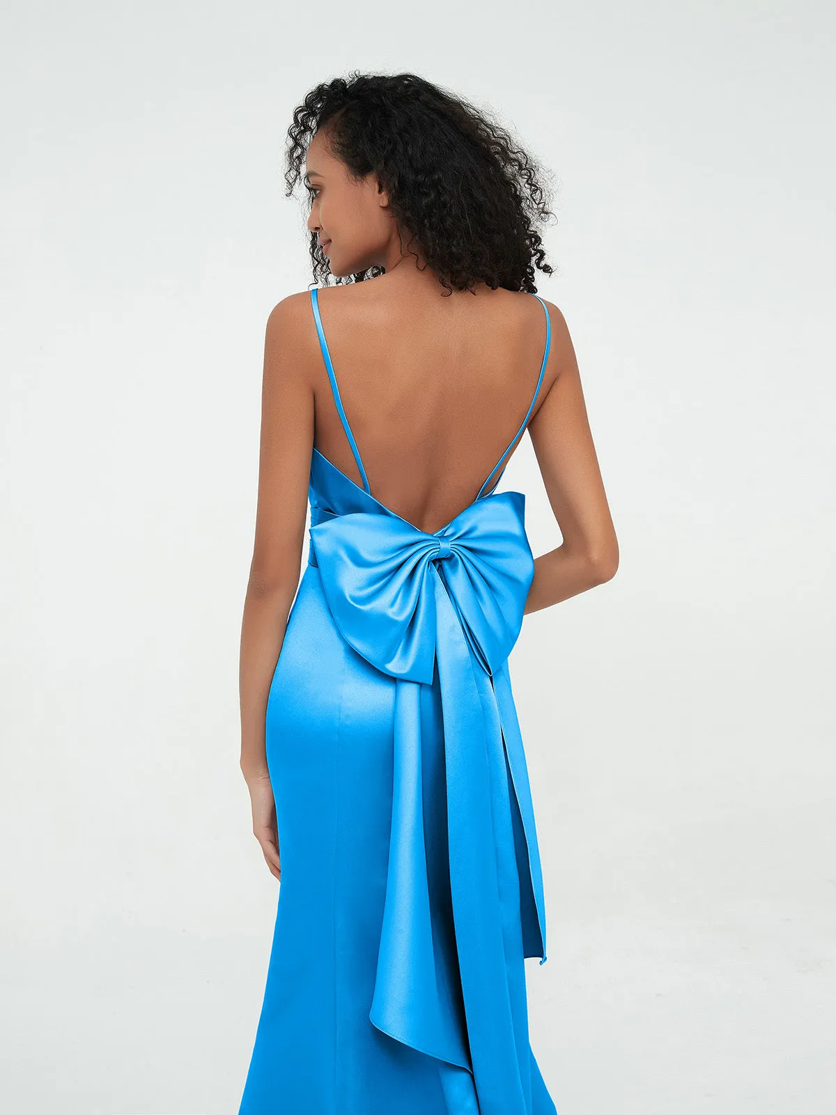 Bretelles Spaghetti Robes de Sirène en Satin Bleu Océan Grande Taille