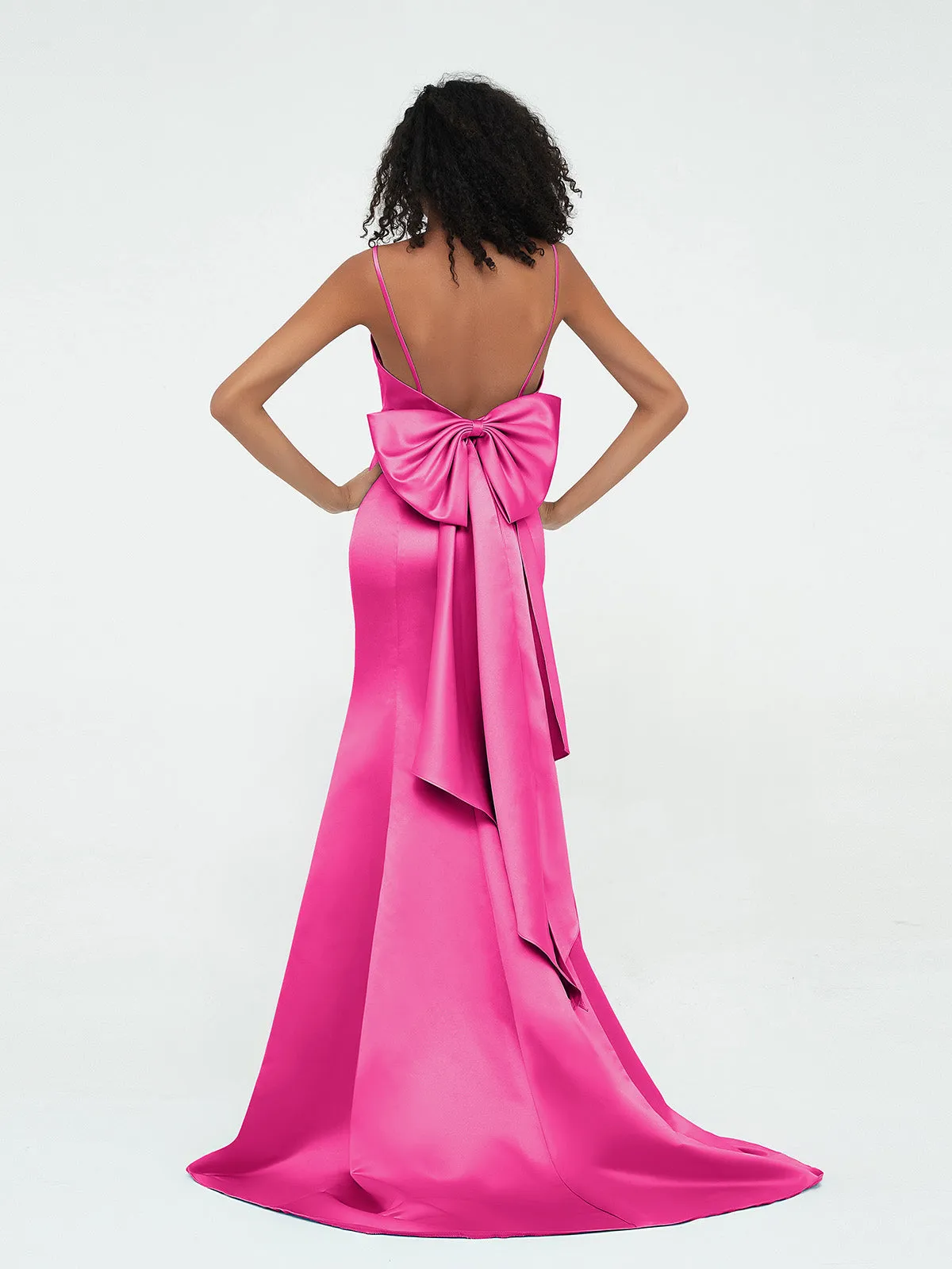 Bretelles Spaghetti Robes de Sirène en Satin Fuchsia