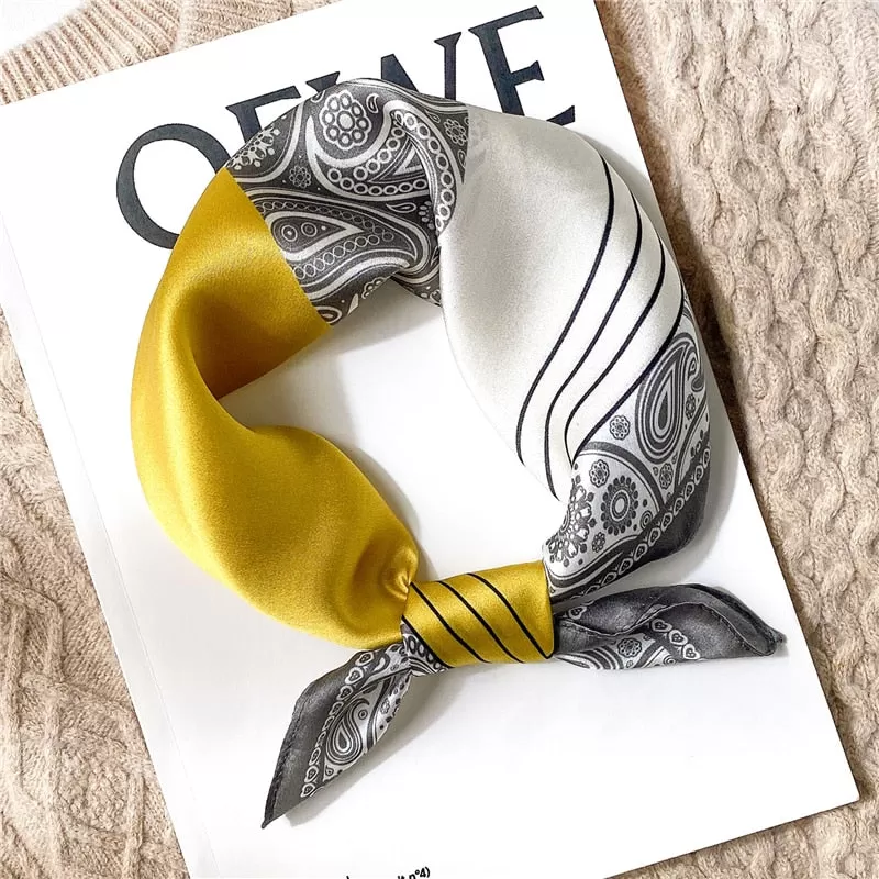 CANDICE Foulard Carré Soie Femme Homme Gris Jaune Blanc à motifs