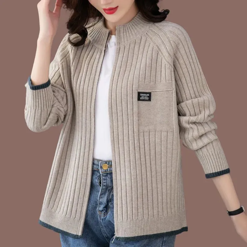 Cardigan décontracté ctelé avec poche avant - Femme