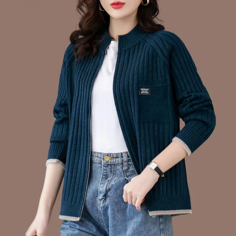 Cardigan décontracté ctelé avec poche avant - Femme