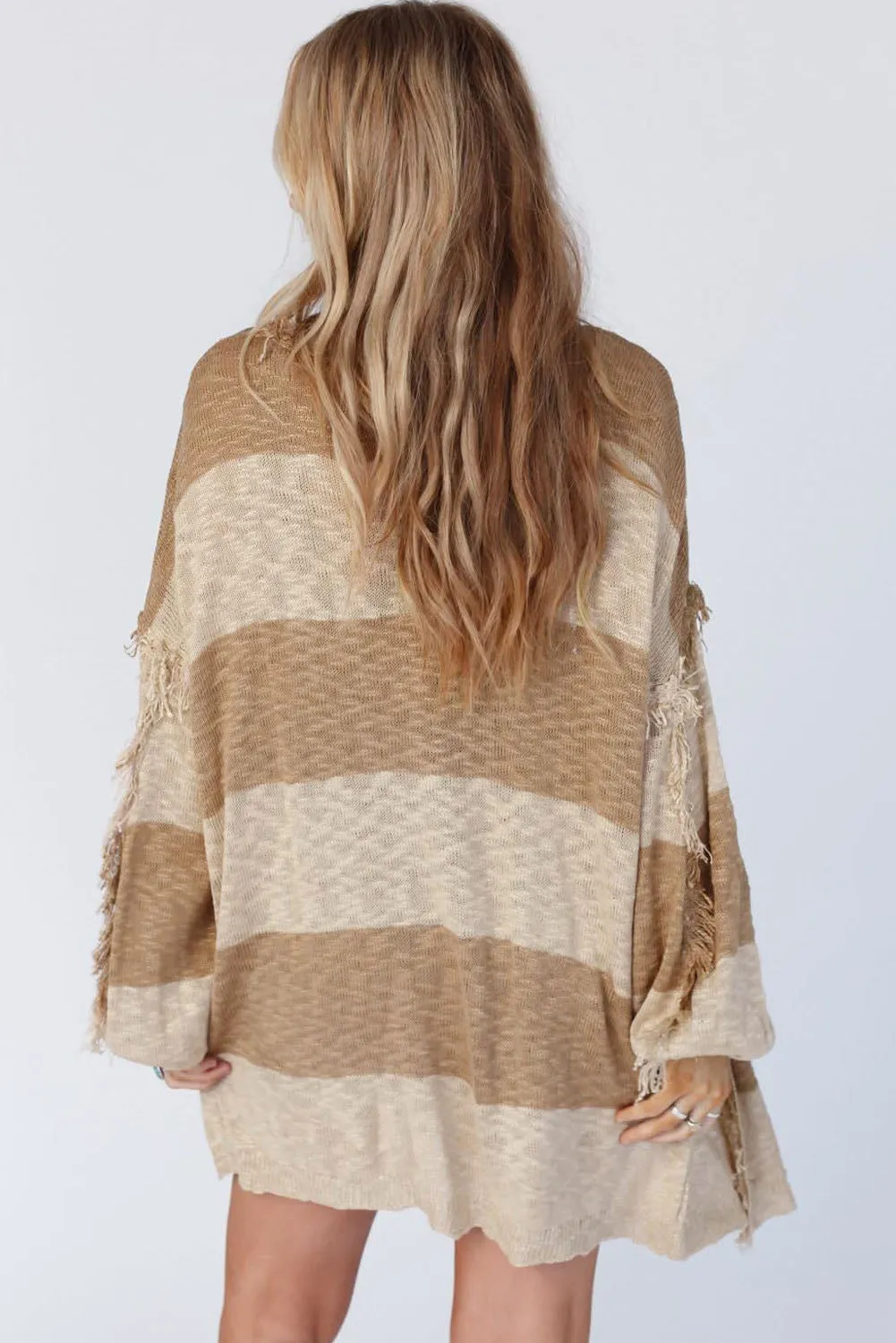 Cardigan ouvert à franges et manches lanternes à rayures kaki