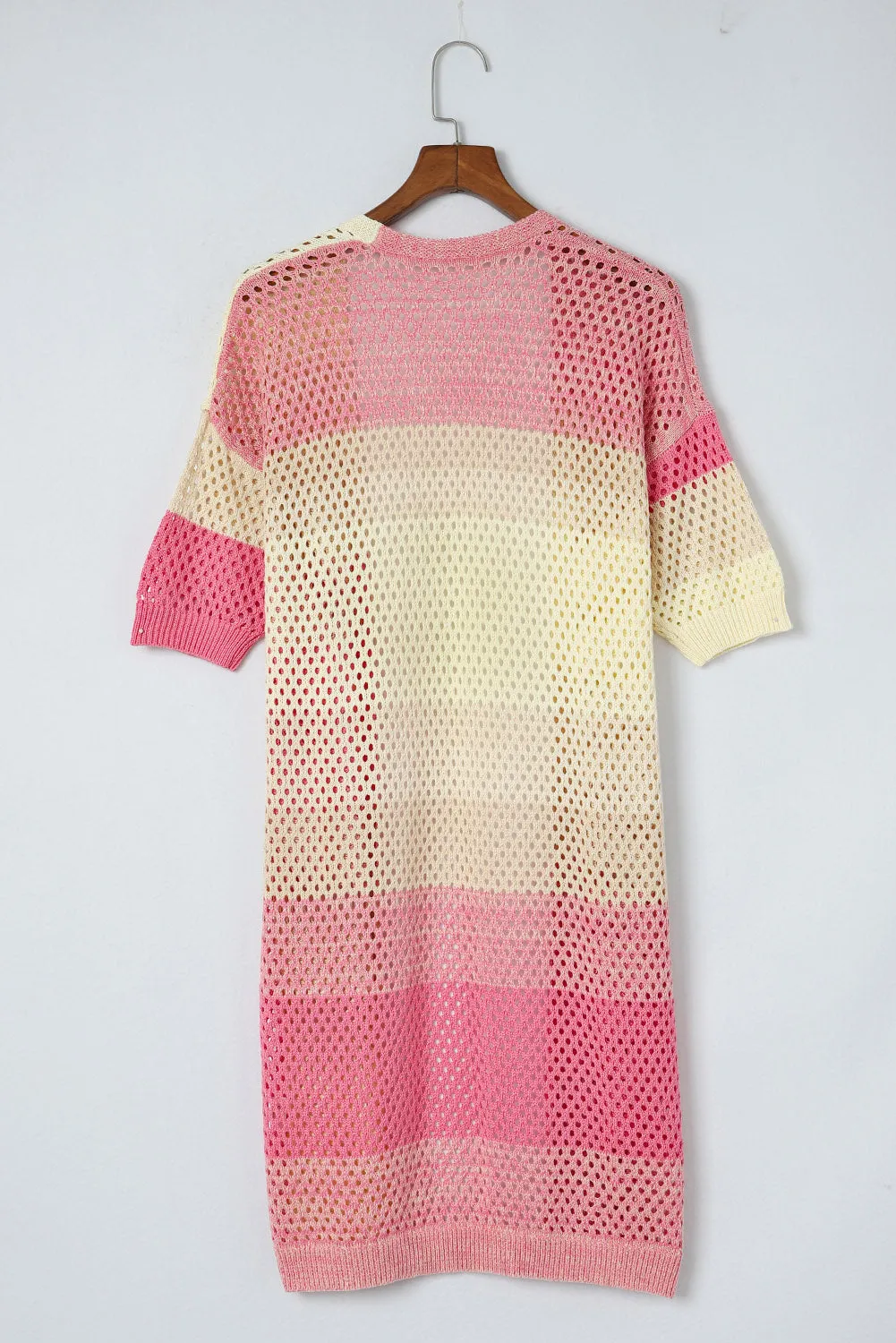 Cardigan tricoté à illets ombré à manches courtes et ctelé rose