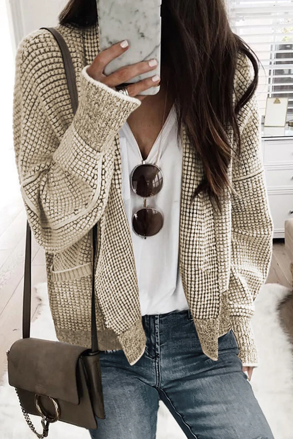 Cardigan à col surdimensionné en tricot gaufré épais abricot