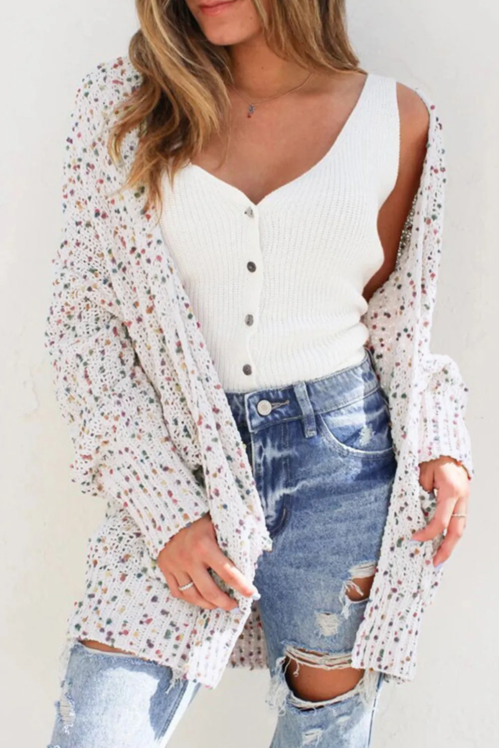 Cardigan à manches longues en tricot ctelé blanc Confetti