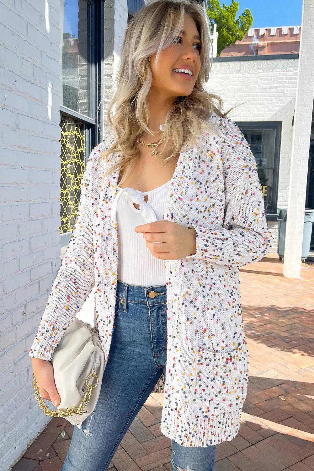 Cardigan à manches longues en tricot ctelé blanc Confetti