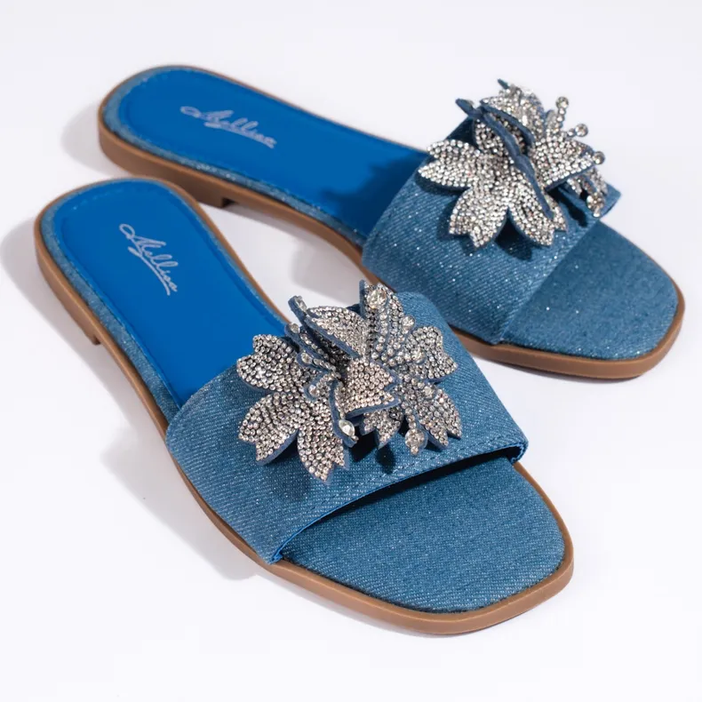 Claquettes femme en jean avec décoration bleu