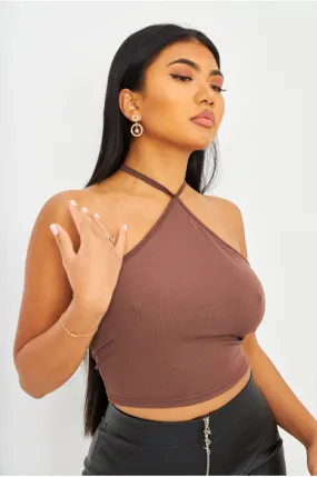 Crop top marron dos nu à nouer autour du cou