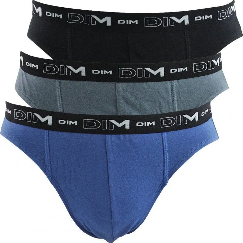 DIM 3 Slips Homme Coton STRETCH Bleu turquin Gris souris Noir
