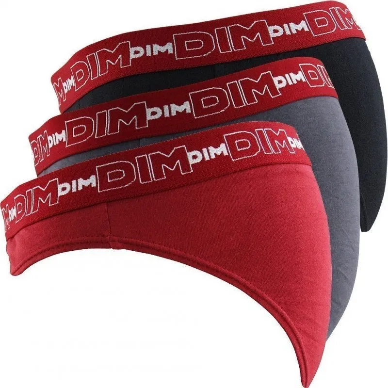 DIM 3 Slips Homme Coton STRETCH Gris plomb Rouge chili Noir