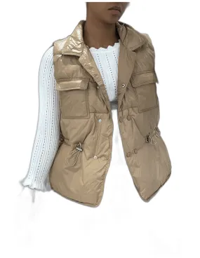 Doudoune taupe simili cuir à poches sur lavant et modulable à la taille sans manches hyper tendance