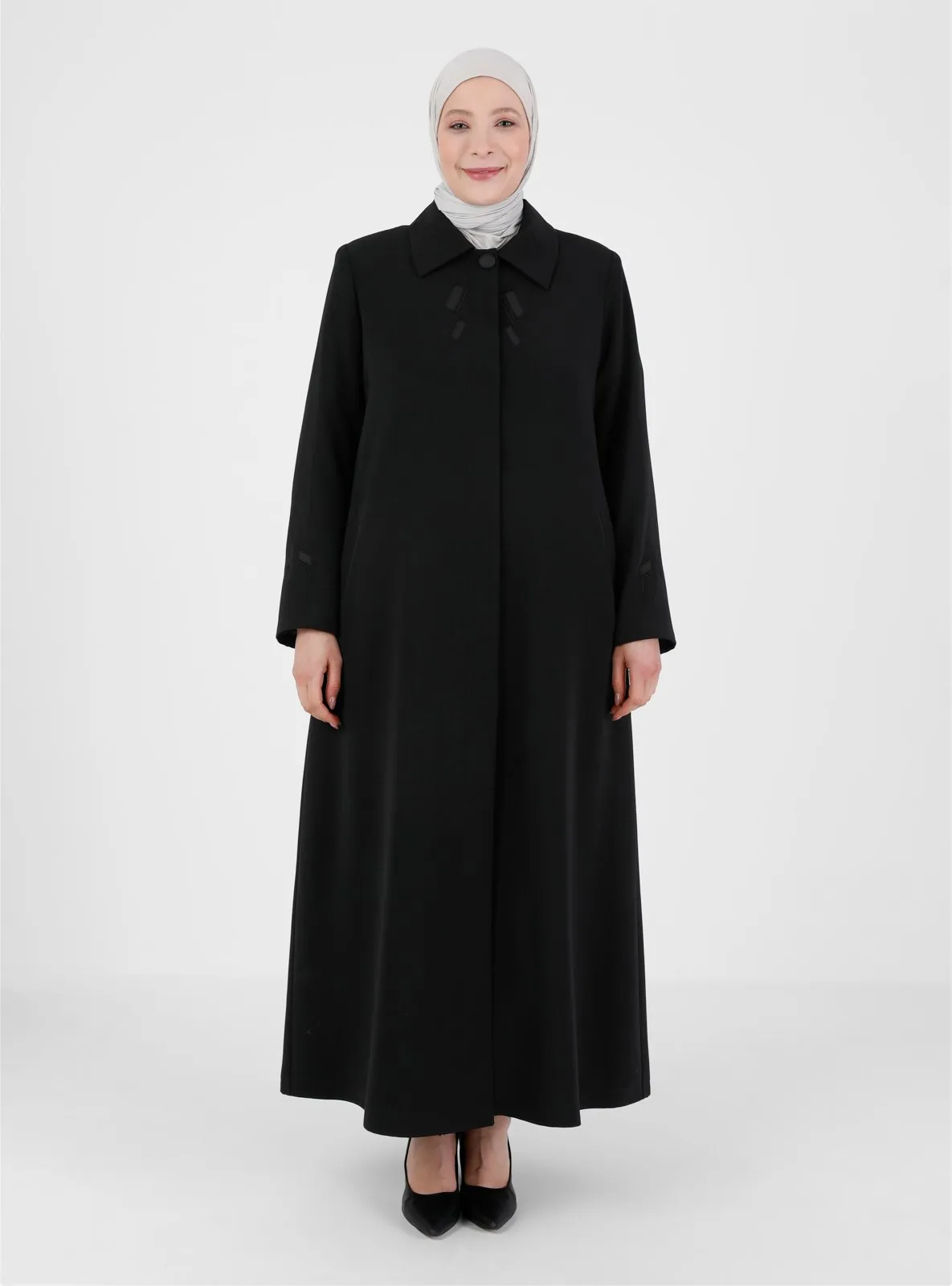 Embroidery Detailed Hidden Button Topcoat Black Coat