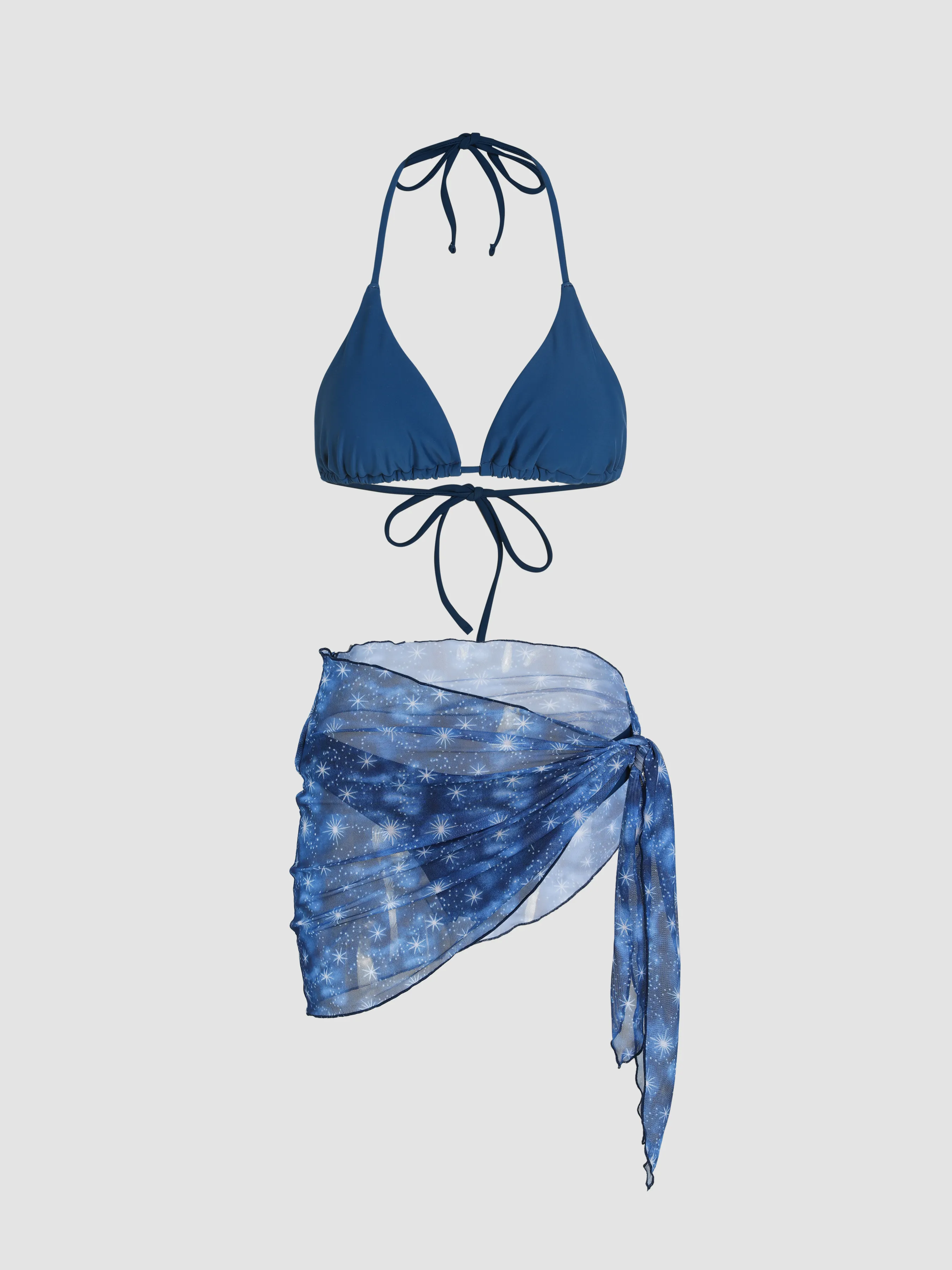  Ensemble 3 pièces Bikini Uni à Col Halter et Paréo