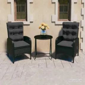 Ensemble de bistro de jardin 3 pcs Résine tressée et verre Noir