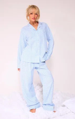 Ensemble de pyjama chemise manches longues & pantalon imprimé carreaux bleu clair