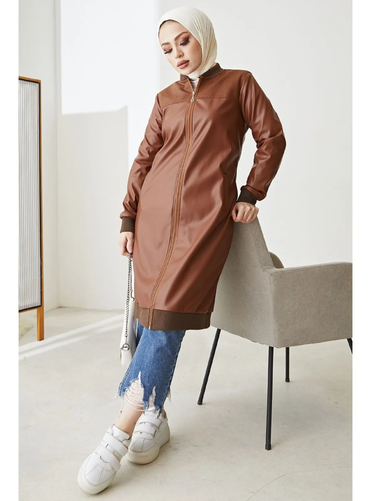 Faux Leather Cape With Ribbed Zipper Brown Coat