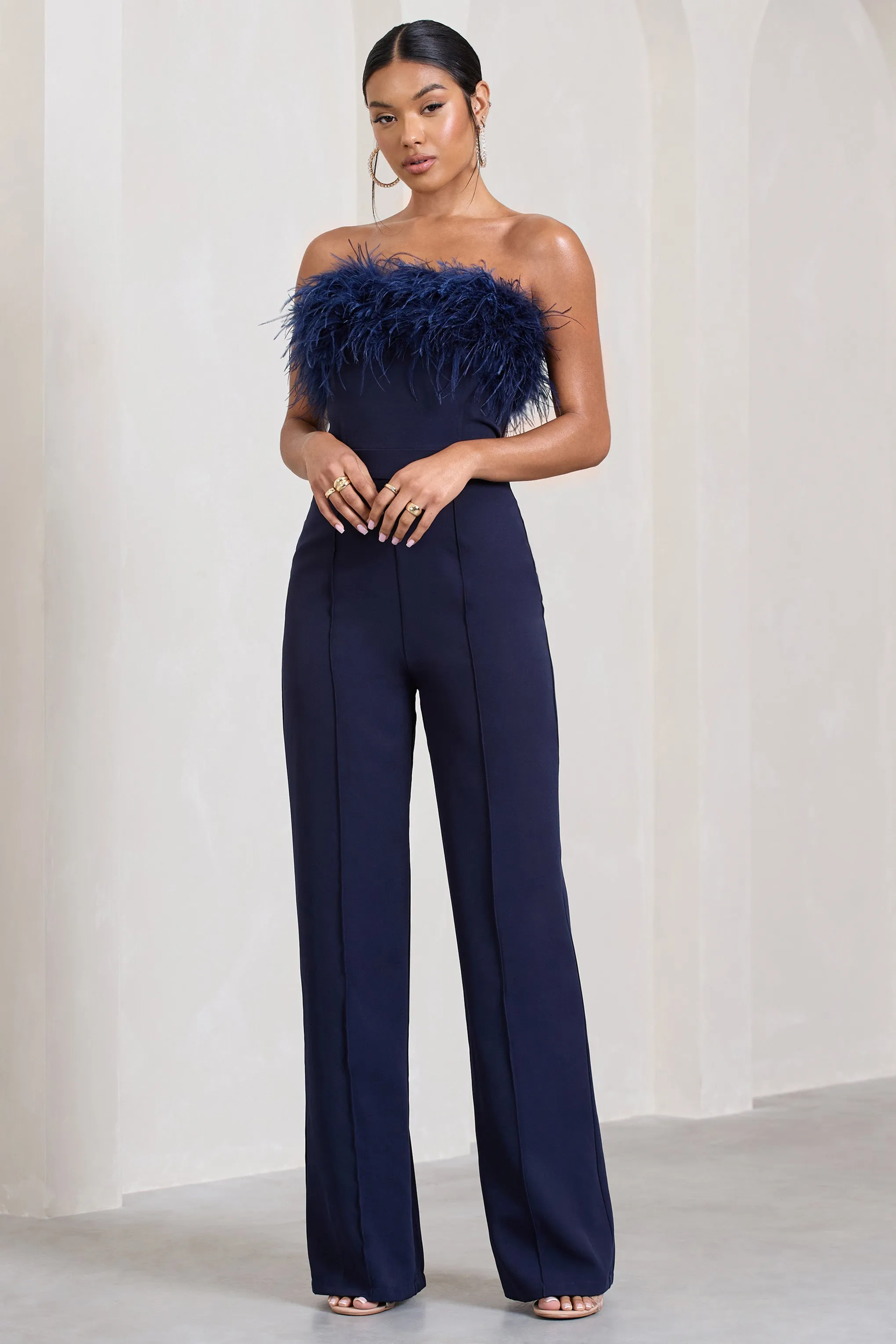 First Class | Combinaison bleu marine en plumes à bandeau et jambes larges