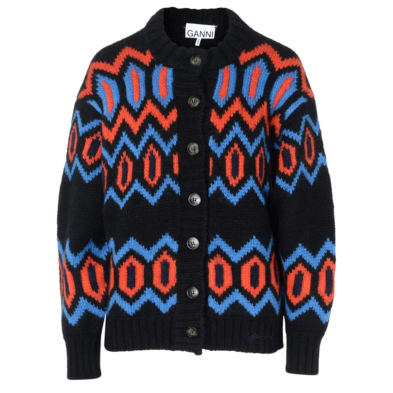 Ganni Cardigan rouge, noir et bleu