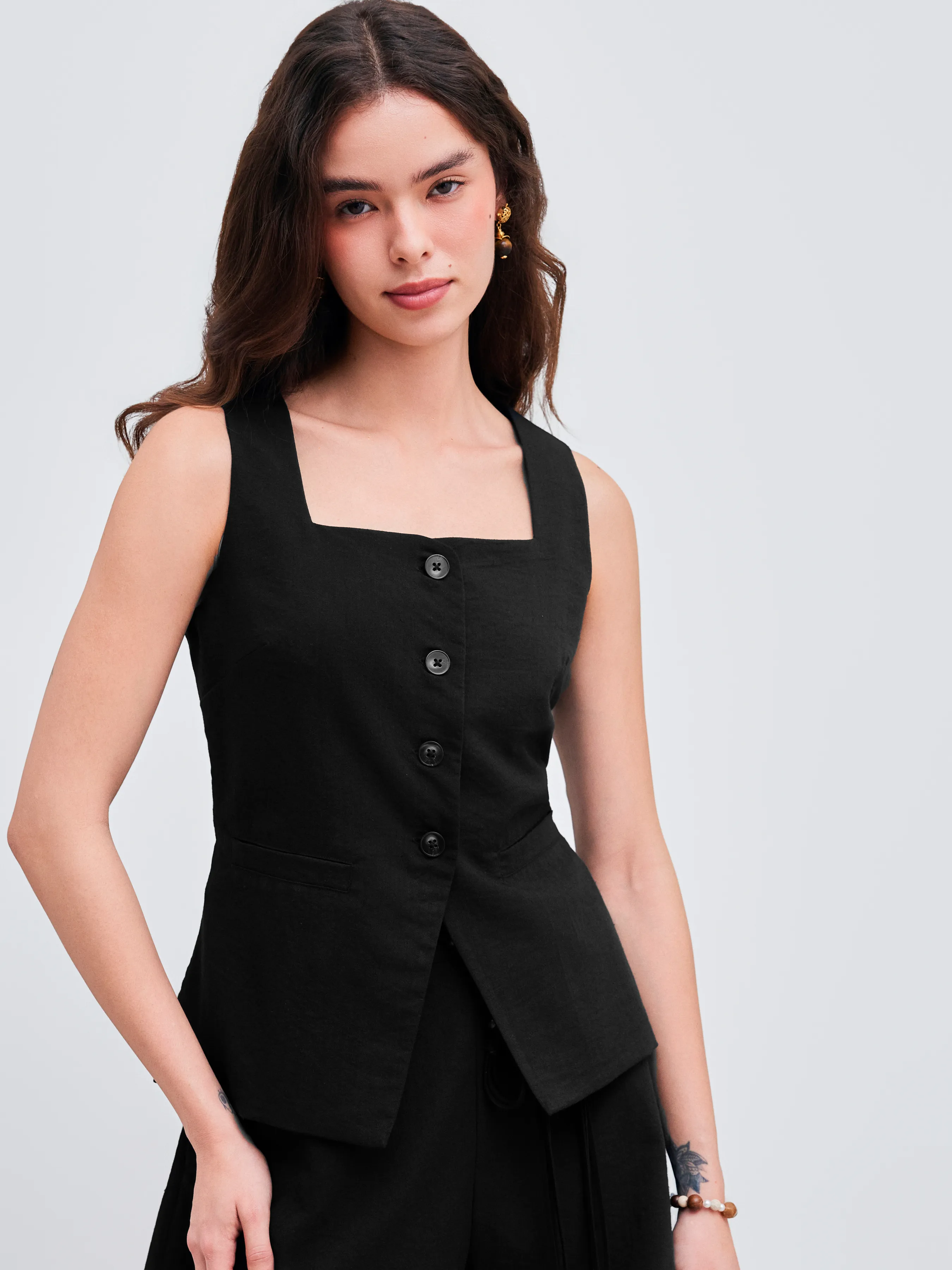 Gilet Blazer noué à col carré tissé uni