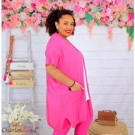 Gilet long LUCIANO coton femme grande taille ete fuchsia